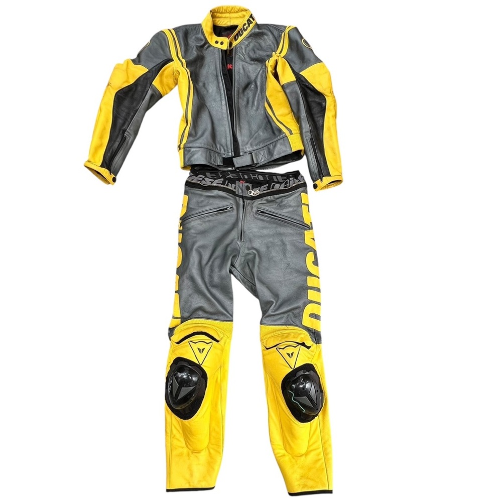 Ducati Dainese Leather Yellow Black and Gray Motorcycle Suit Jacket Pants sz 48